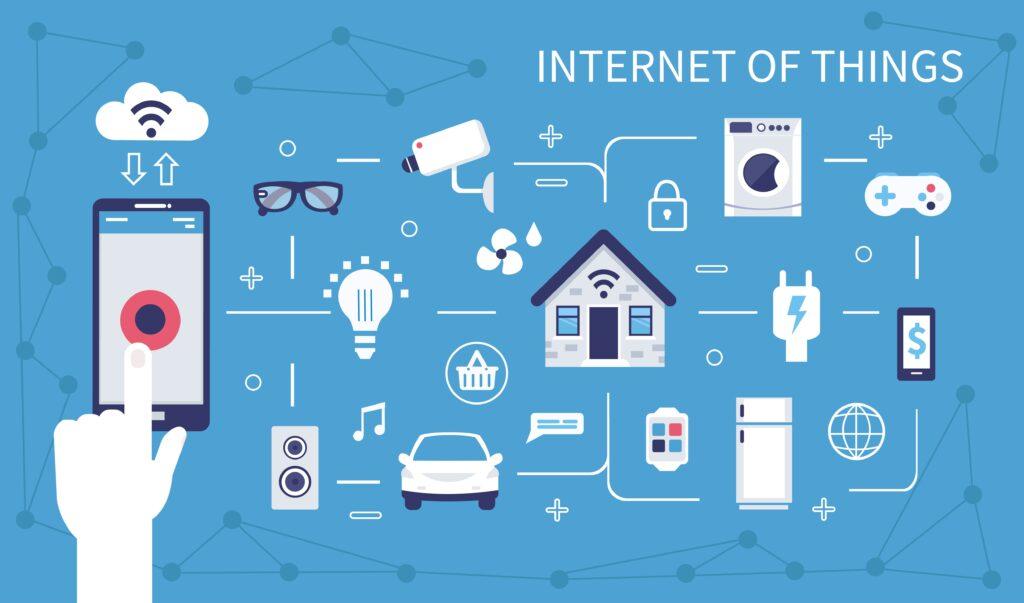 Illustration von IoT-Geräten wie Smart Home, Sicherheitskamera, und verbundenen Haushaltsgeräten, die über eine App gesteuert werden. DIY-Projekte im IoT-Bereich können die Jobs als Softwareentwickler verbessern.