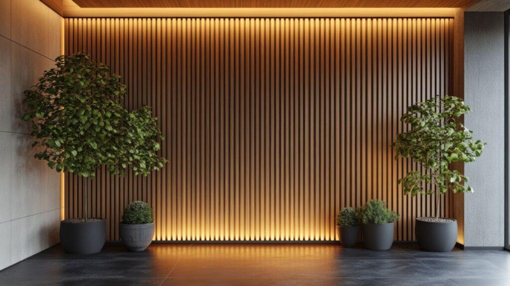Moderne Wandgestaltung mit Akustikpaneele Holz, warm beleuchtet und flankiert von Pflanzen in minimalistischer Einrichtung