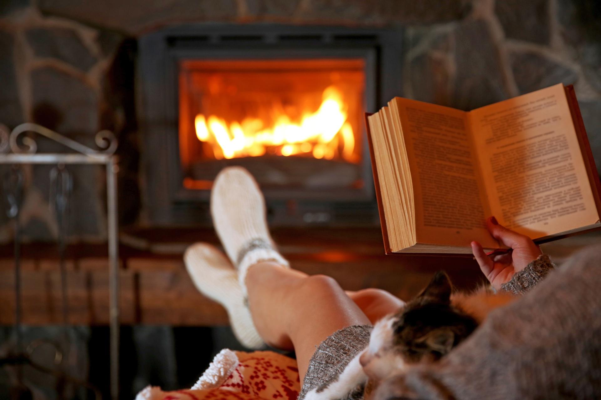 Lesen mit Katze vor Kamin | Specksteinofen

