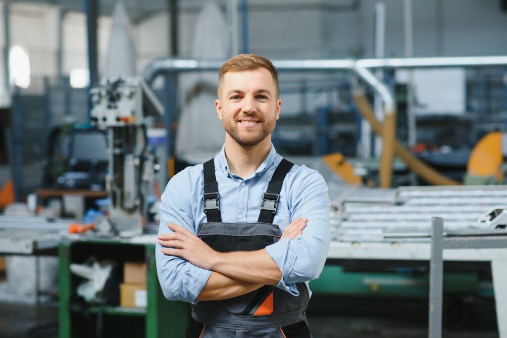 Handwerker vor Werkbank | Alu Portalkran