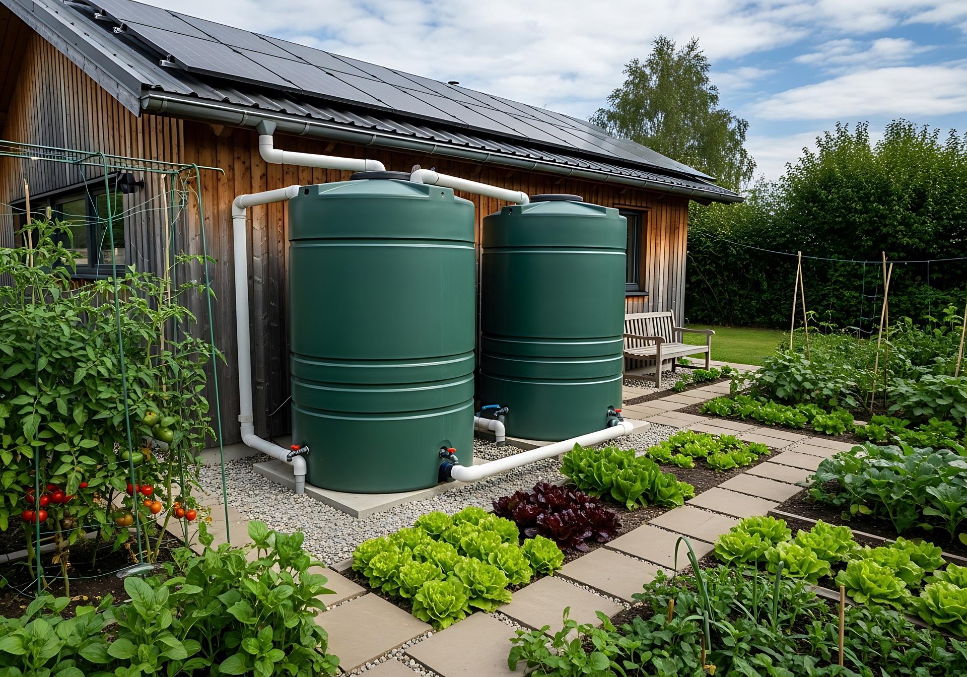 Grüne Wassertanks neben Haus mit Gemüsegarten | Regenwassernutzungsanlage