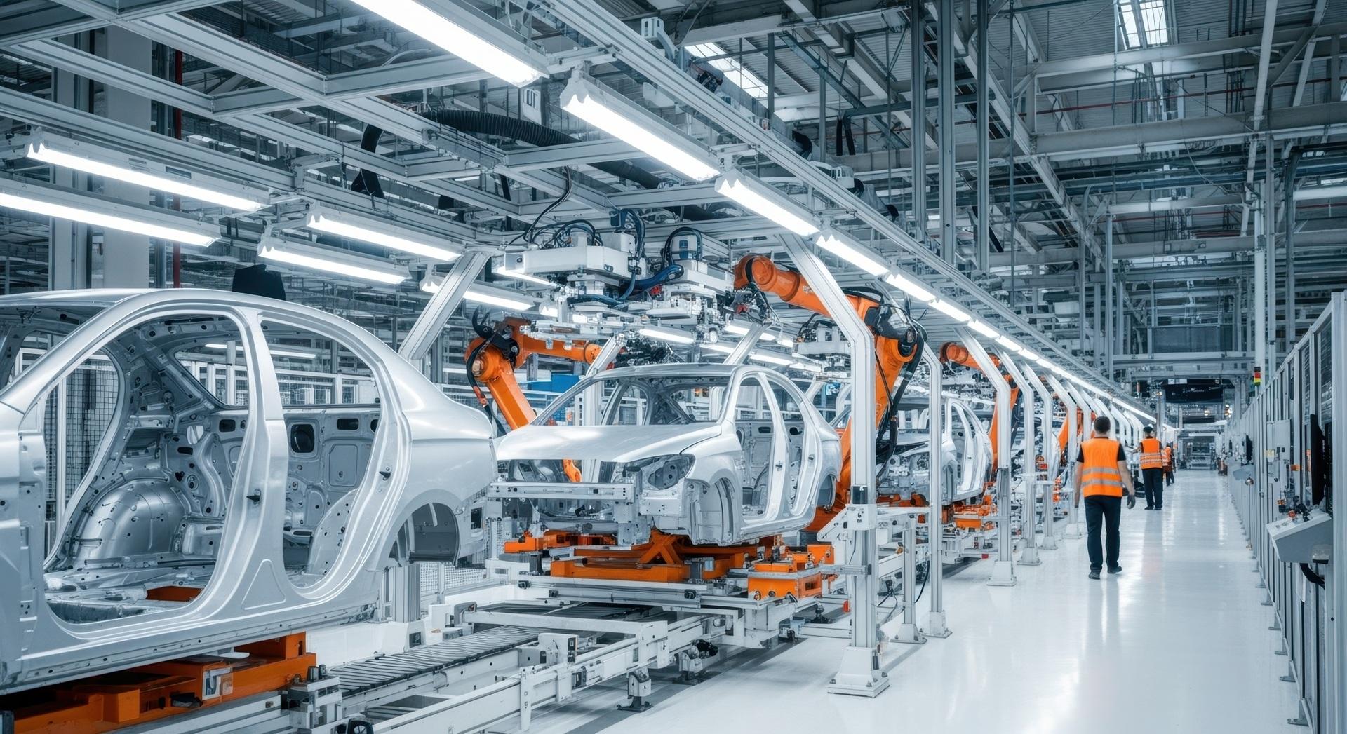 Automatisierte Fahrzeugfertigung mit Robotern in heller Produktionshalle | Frästeile